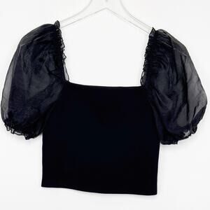 Aritzia Wilfred Black Ribbed Knit Sheer Puff Sleeve Cropped Top Size L